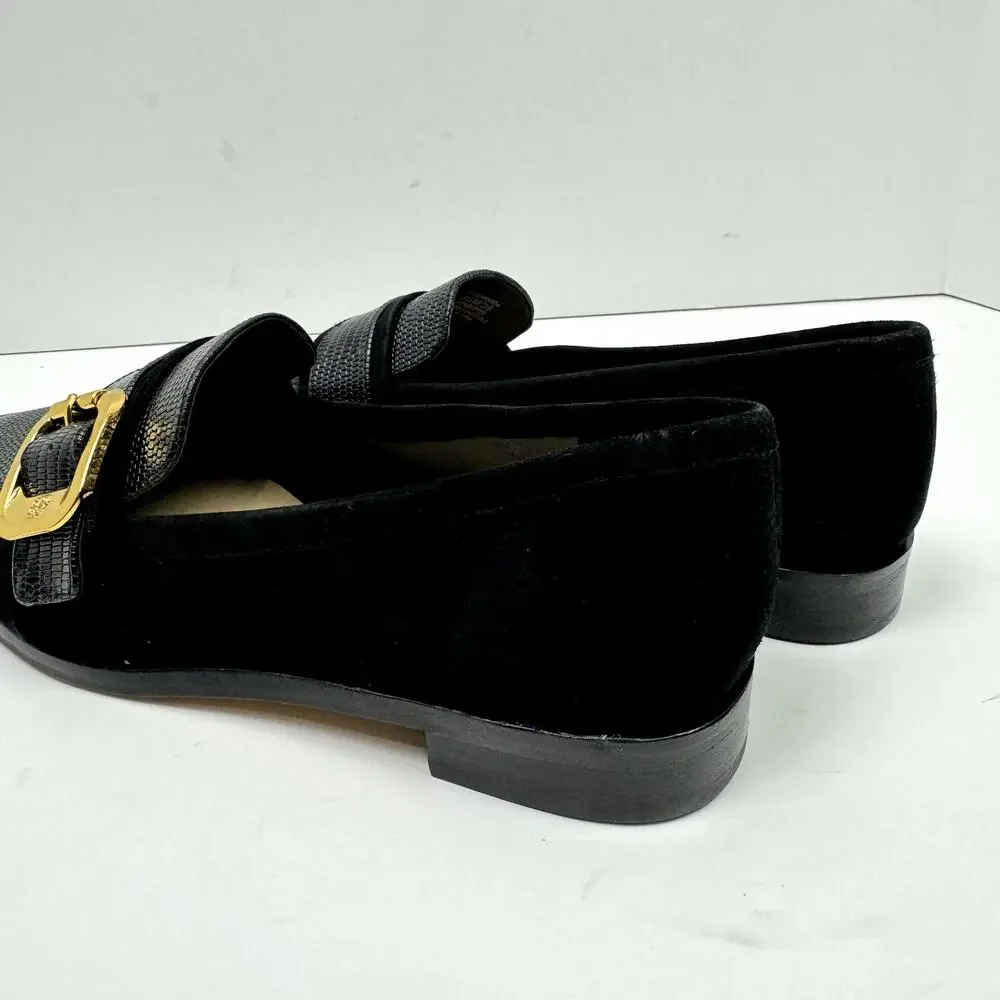 NEW Vince Camuto Cenkanda Black Leather & Suede Gold Buckle Slip On Loafer Flat